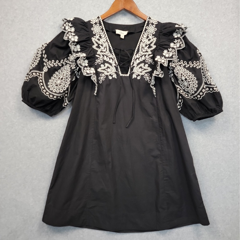 ELAN Embroidered Mini Dress Black White Sz S Boho Cotton Puff Sleeves Pockets